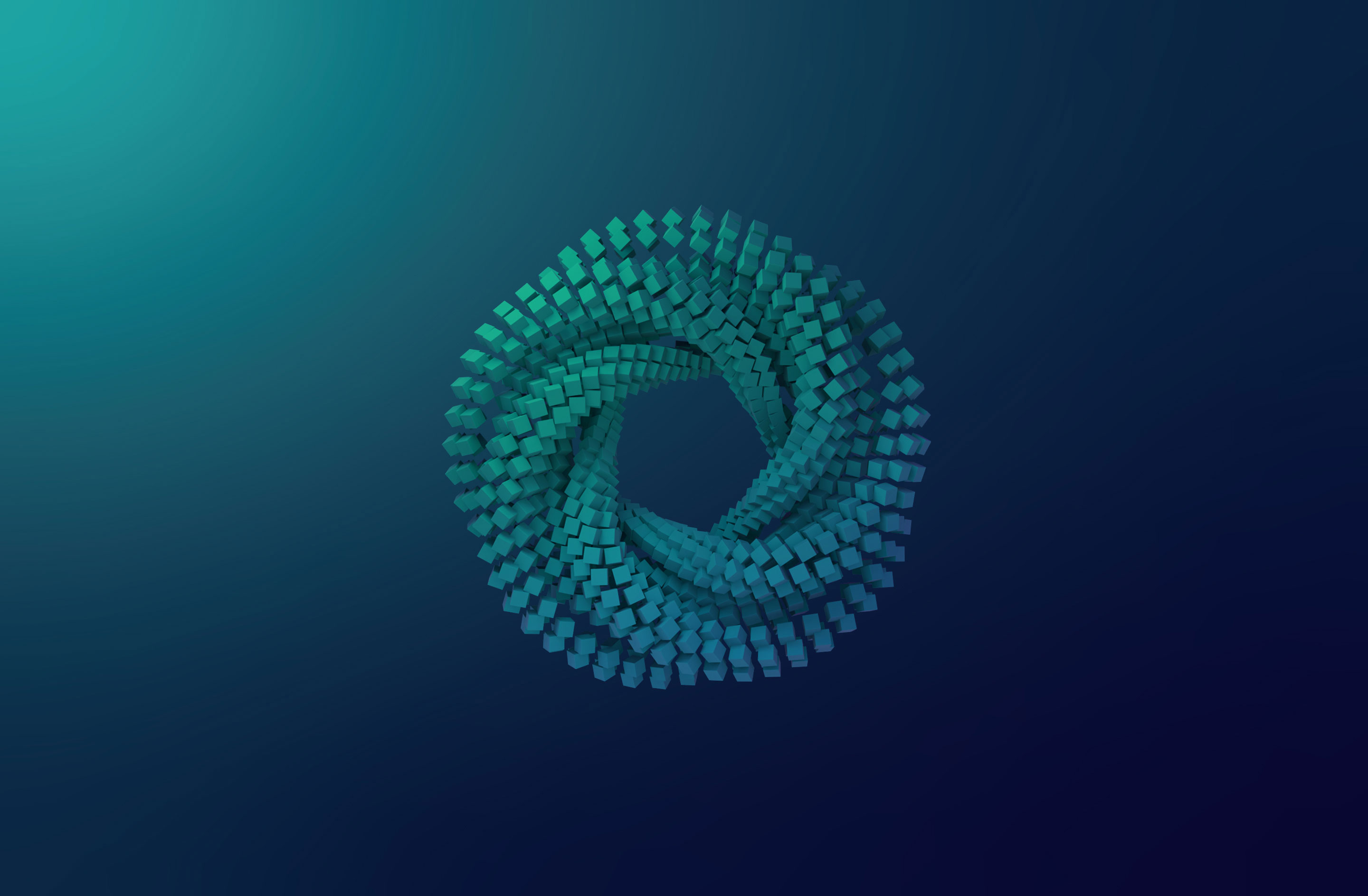 A 3D render of a torus made of glowing cubes. The cubes spiral inward, shifting from teal to dark blue against a blue-teal gradient background.