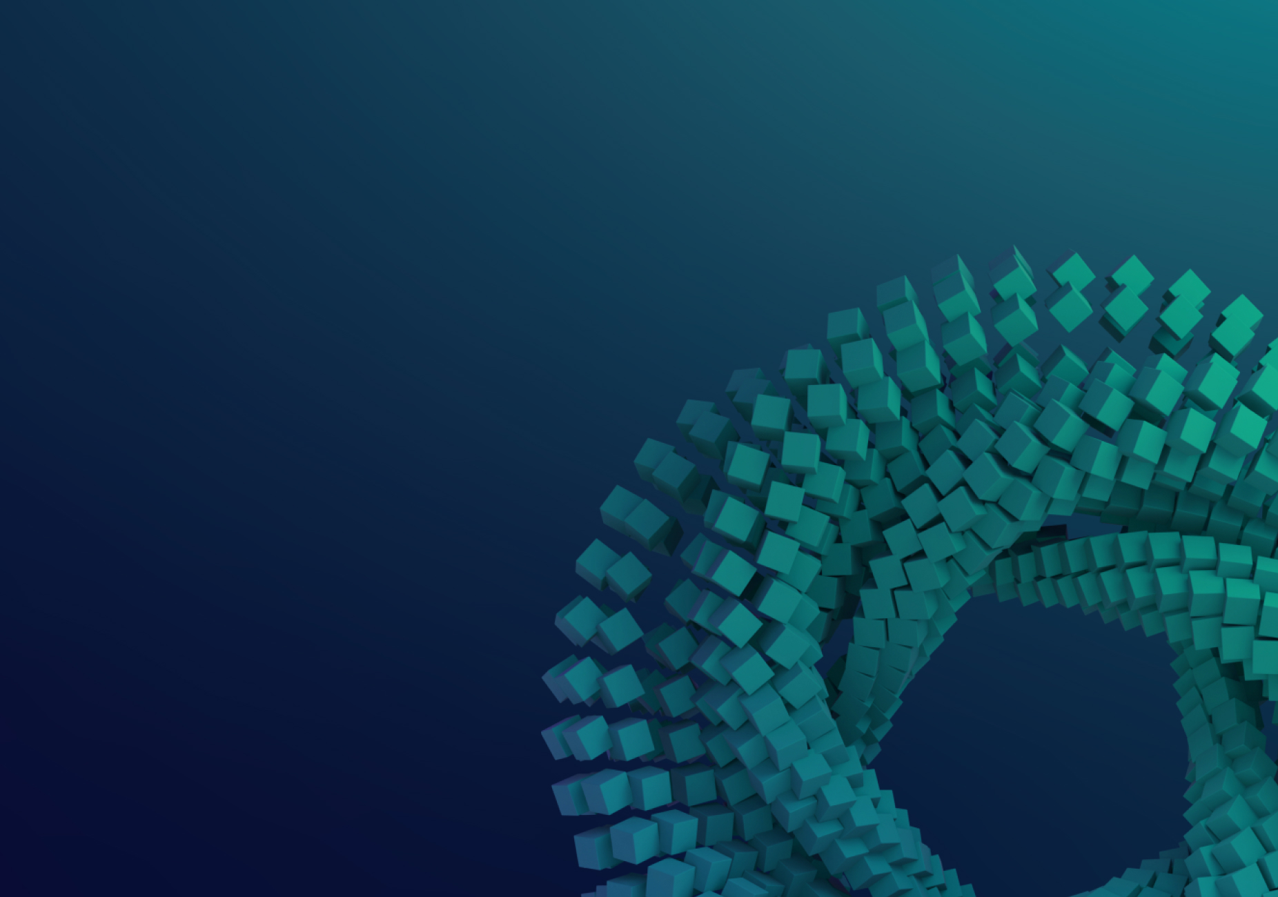 A 3D render of a torus made of glowing cubes. The cubes spiral inward, shifting from teal to dark blue against a blue-teal gradient background.